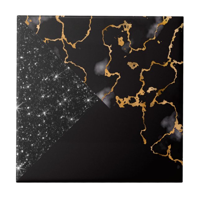 Black Marble and Glitter Ceramic Tile (Front)