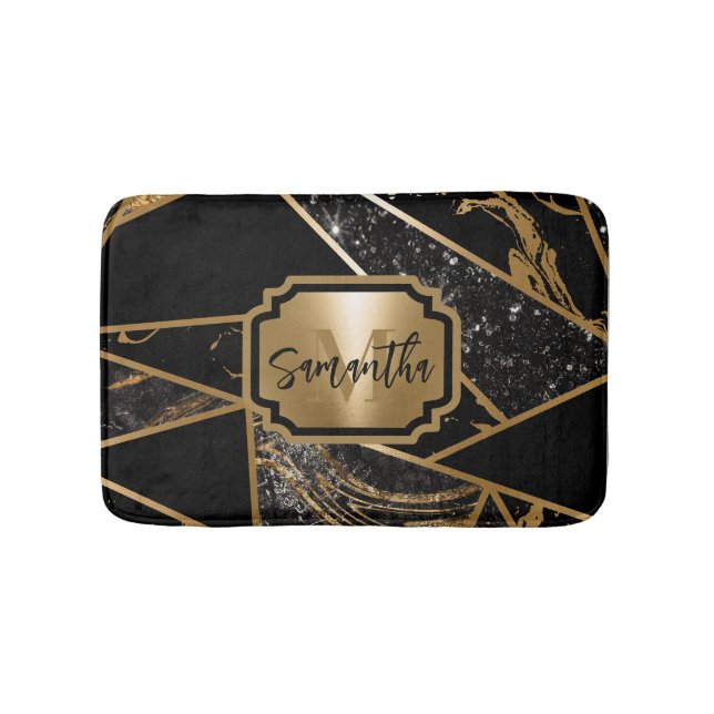 Black Marble and Glitter Geometric Mosaic Bath Mat (Front)