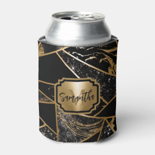 Black Marble and Glitter Geometric Mosaic Can Cooler