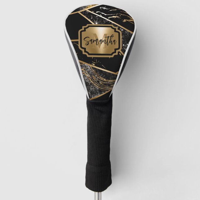 Black Marble and Glitter Geometric Mosaic Golf Head Cover (Front)
