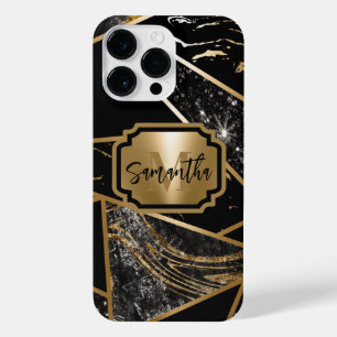 Black Marble and Glitter Geometric Mosaic iPhone 14 Pro Max Case