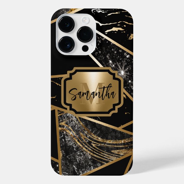 Black Marble and Glitter Geometric Mosaic iPhone Case (Back)