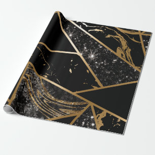 Black Marble and Glitter Geometric Mosaic Wrapping Paper
