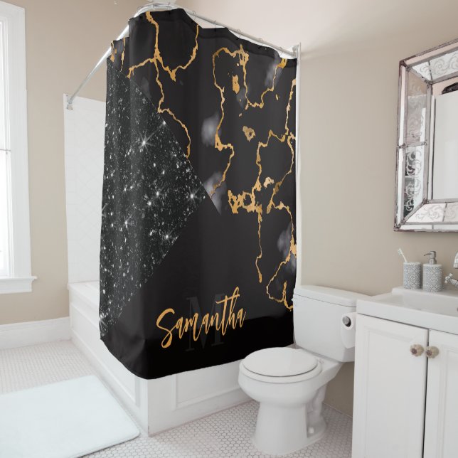 Black Marble and Glitter Shower Curtain (In Situ)