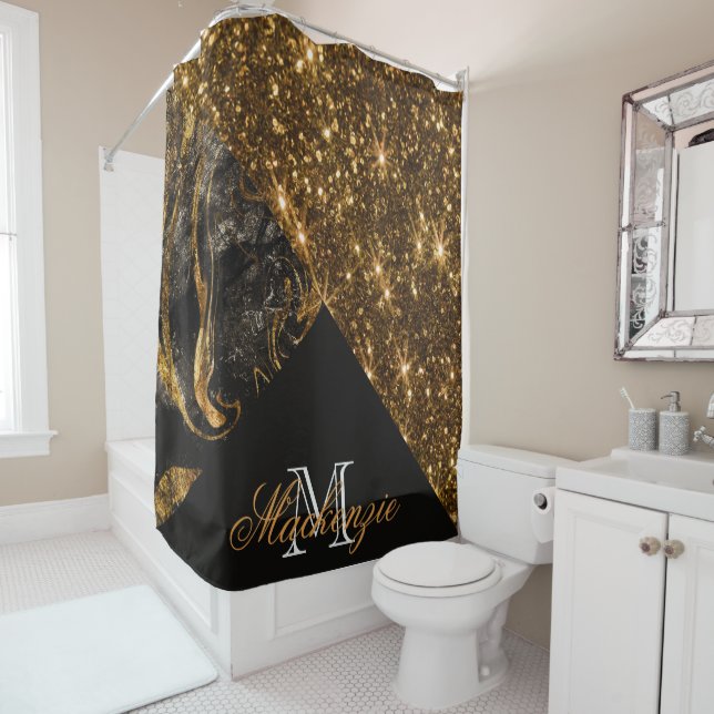 Black Marble and Glitter Shower Curtain (In Situ)