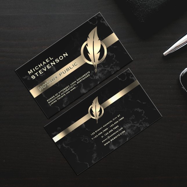 Black marble and gold feather notary business card (Creator Uploaded)