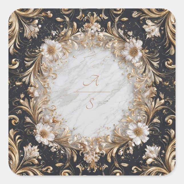 Black Marble and Gold Floral Wedding Sticker (Front)