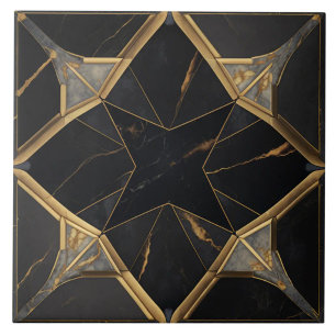 Black Marble and Gold Geometric Star Pattern Ceramic Tile