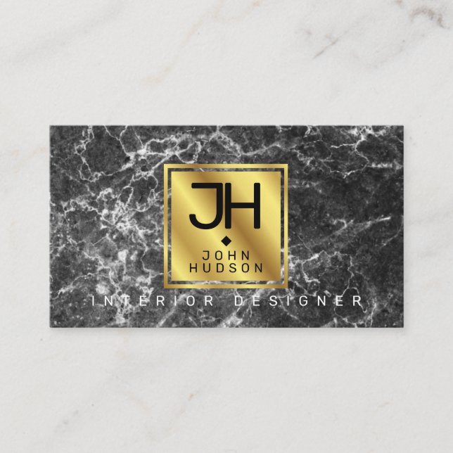 Black Marble and Gold Modern Monogram Business Car Card (Front)
