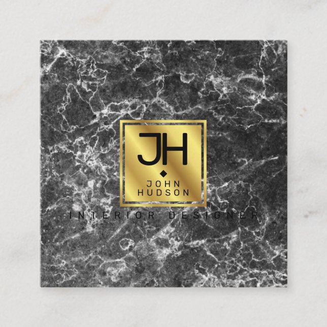 Black Marble and Gold Modern Monogram Square Busin Business Card (Front)