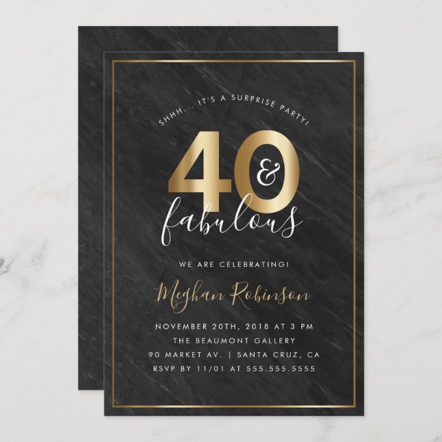 Black Marble and Gold Surprise 40th Birthday Party Invitation (Front/Back)
