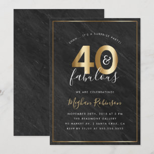 Black Marble and Gold Surprise 40th Birthday Party Invitation