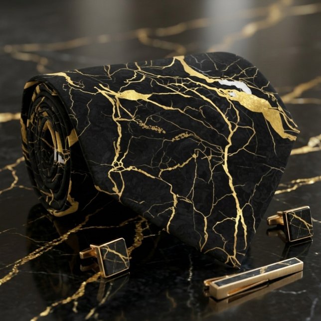 Black Marble and Gold Veins Elegant Pattern Tie (Creator Uploaded)
