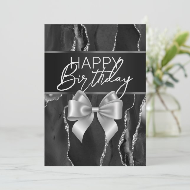 Black Marble & Bow Happy Birthday Day Card (Standing Front)