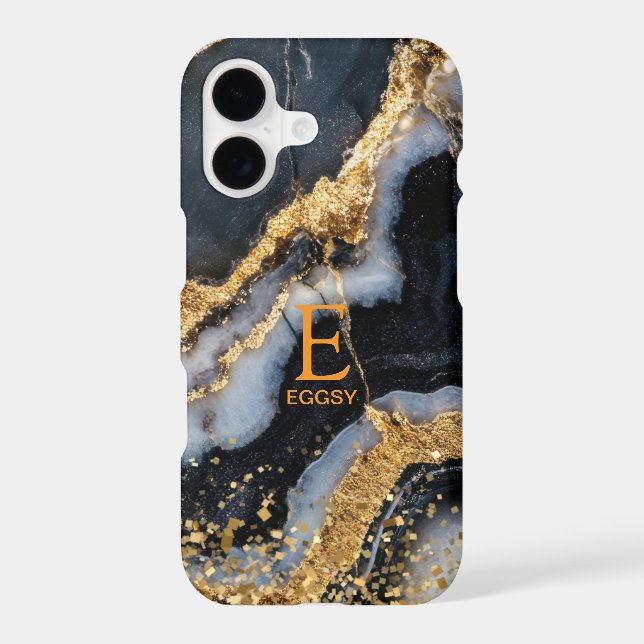 Black marble chic gold glitter monogram (Back)