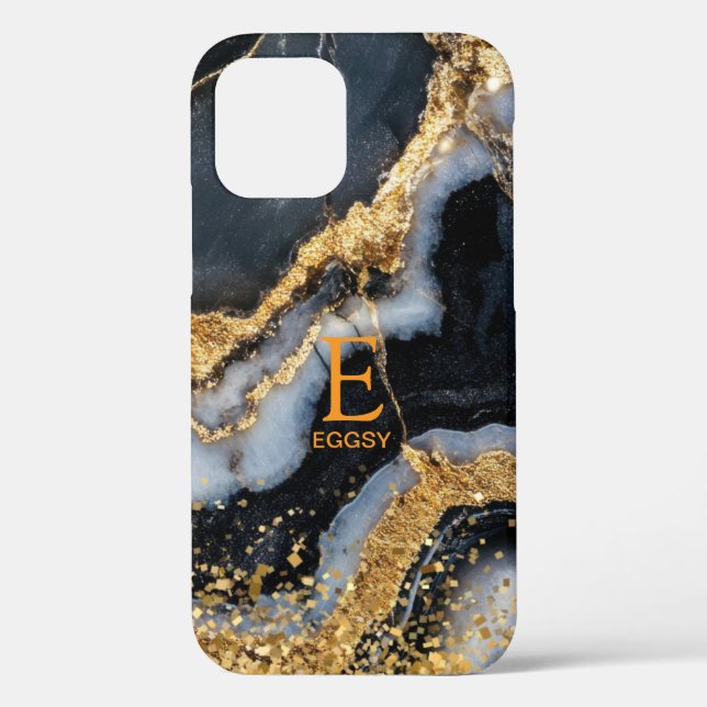 Black marble chic gold glitter monogram Case-Mate iPhone case (Back)