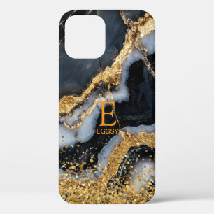 Black marble chic gold glitter monogram iPhone 12 case