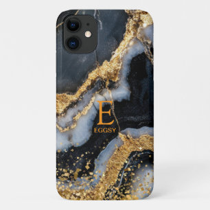 Black marble chic gold glitter monogram iPhone 11 case