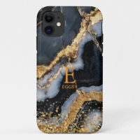 Black marble chic gold glitter monogram