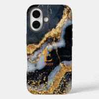 Black marble chic gold glitter monogram