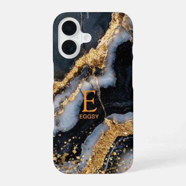 Black marble chic gold glitter monogram iPhone 16 case (Back)