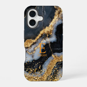 Black marble chic gold glitter monogram iPhone 16 case