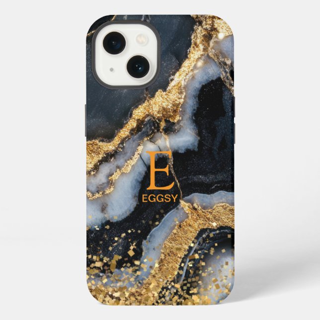 Black marble chic gold glitter monogram iPhone case (Back)