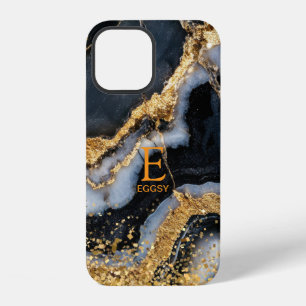 Black marble chic gold glitter monogram iPhone 12 case