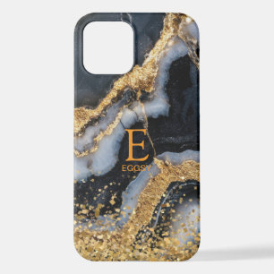 Black marble chic gold glitter monogram iPhone 12 case