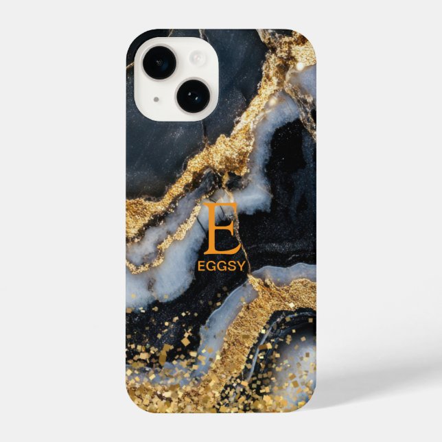 Black marble chic gold glitter monogram iPhone case (Back)