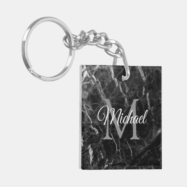Black Marble Create Your Own Monogram Square Key Ring (Front Left)