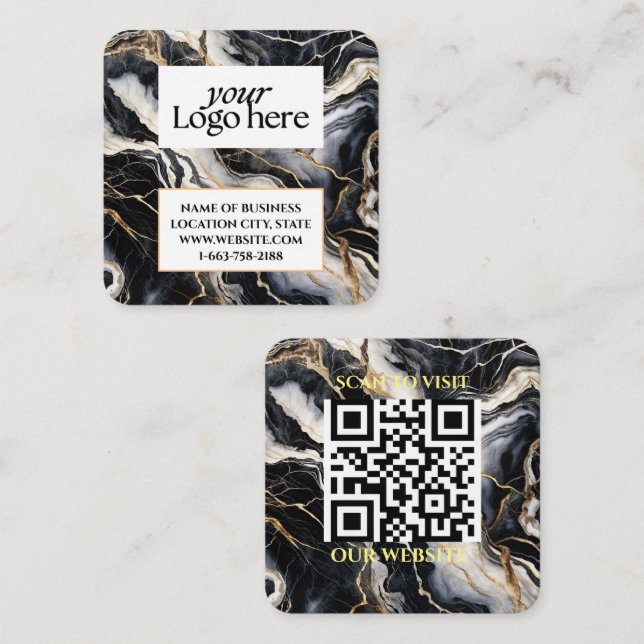  Black marble Custom Logo and QR Code  Square Business Card (Front/Back)