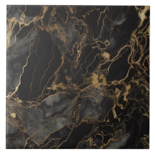 Black Marble Effect with Branching Gold Veins Ceramic Tile