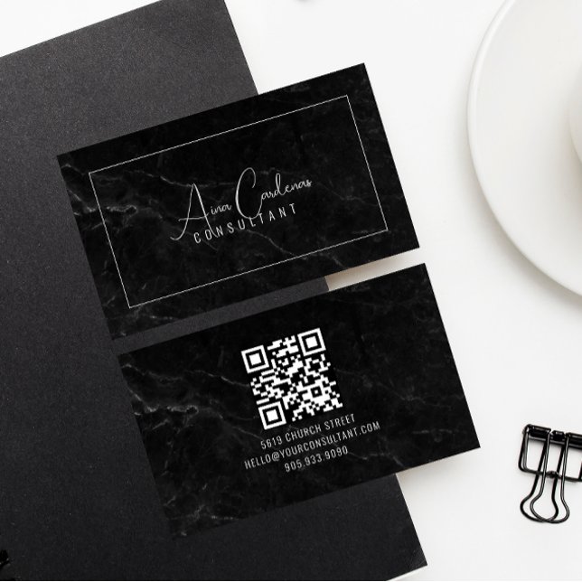 Black Marble ElegantScript QR CODE Black and White Business Card (Creator Uploaded)