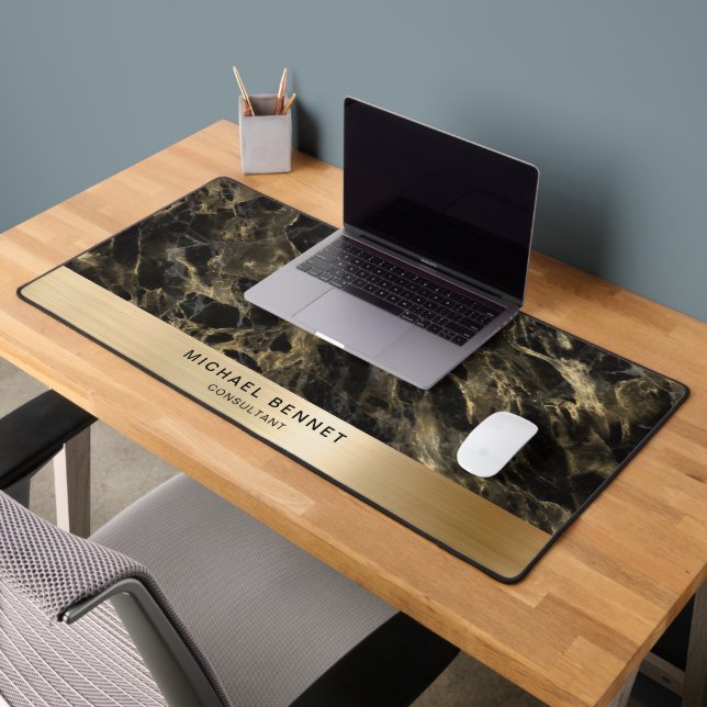 Black Marble Faux Gold Metallic Business Desk Mat (Office 2)