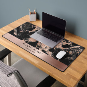 Black Marble Faux Rose Gold Metallic Business Desk Mat