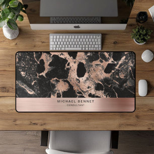 Black Marble Faux Rose Gold Metallic Business Desk Mat