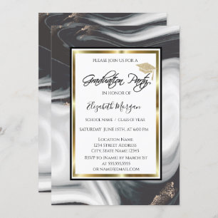 Black Marble  Glitter Graduation Cap Graduation Invitation