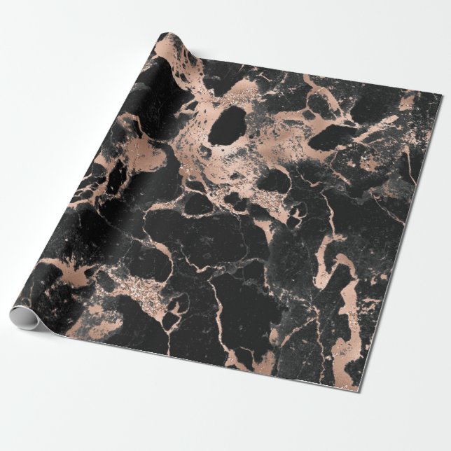 Black marble glitter rose gold wrapping paper (Unrolled)