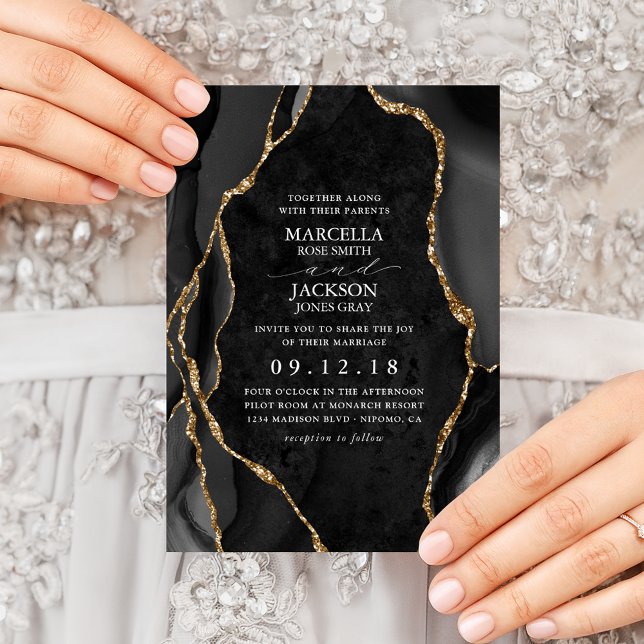 Black Marble Gold Agate Wedding Invitation (Creator Uploaded)