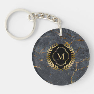 Black Marble Gold Badge Monogram Key Ring