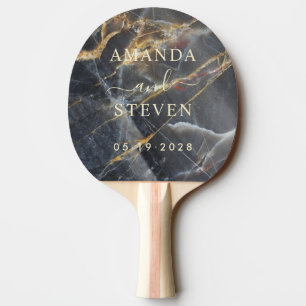 Black Marble & Gold Couple Names with Wedding Date Ping Pong Paddle