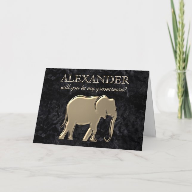 Black Marble Gold Elephant Groomsman Proposal Card (Front)