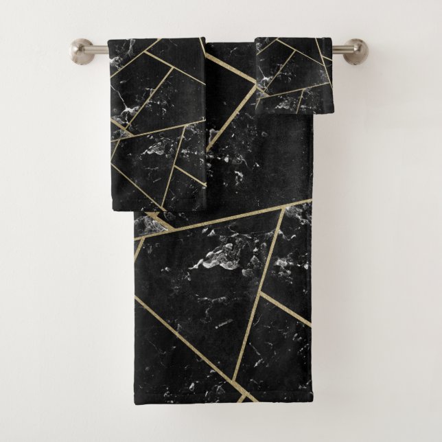 Black Marble Gold Geometric Glam #1 Bath Towel Set (Insitu)