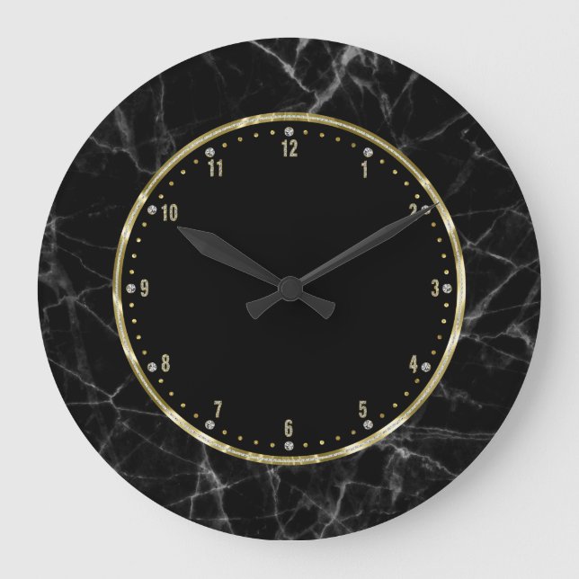 Black Marble Gold & Glitter Accents Large Clock (Front)