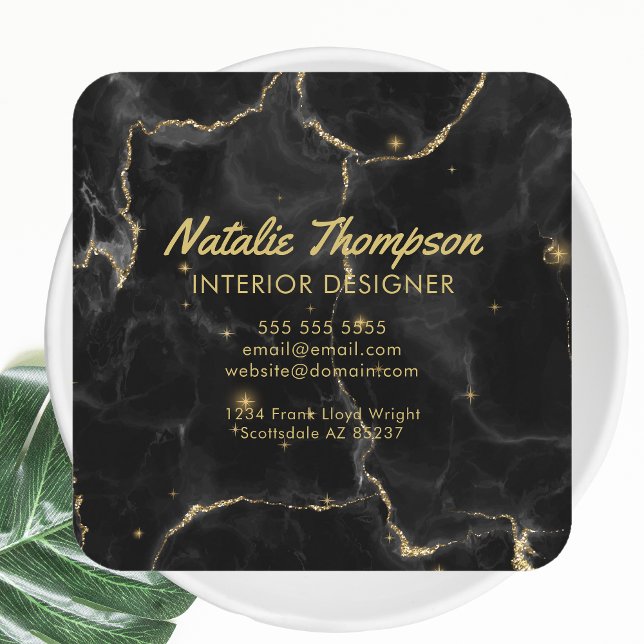 Black Marble Gold Glitter Elegant Front and Back Square Business Card (Creator Uploaded)