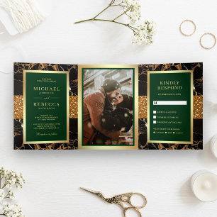 Black Marble Gold Glitter Hunter Green Wedding Tri-Fold Invitation