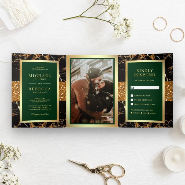 Black Marble Gold Glitter Hunter Green Wedding Tri-Fold Invitation (Creator Uploaded)