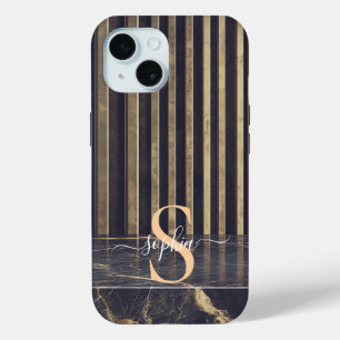 black marble gold glitter monogram iPhone 15 case