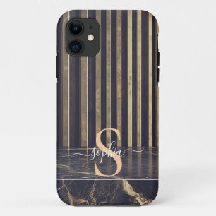 black marble gold glitter monogram iPhone 11 case